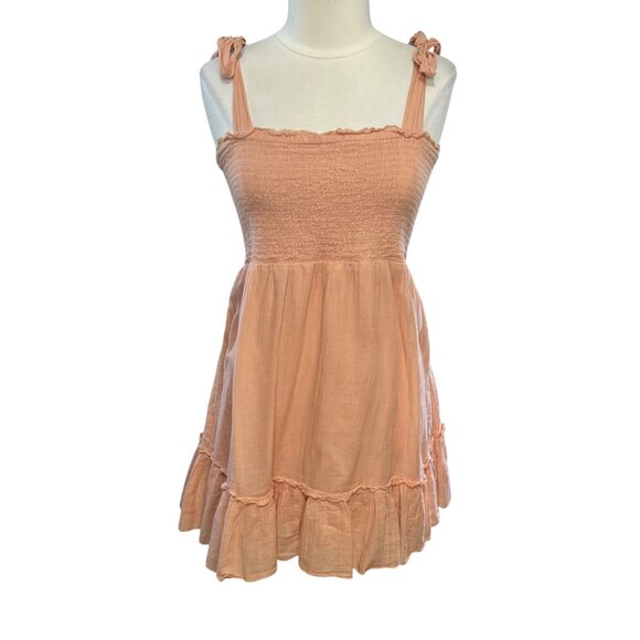 Aerie Smocked Tiered Baby Doll Sun Dress Size XL Peach Tie Straps Lightweight - Picture 1 of 9